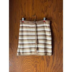 Madden NYC Striped Knit Mini Skirt Tan Beige Drawstring Boho Cozy